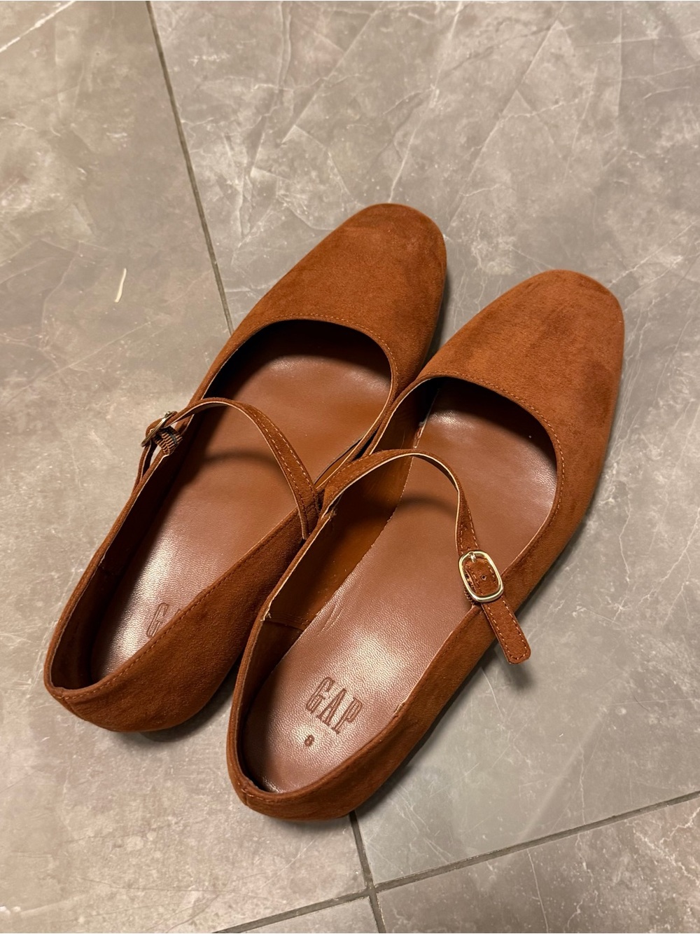 GAP Women's Chestnut Suede Mary Jane Flats with Gold Buckle